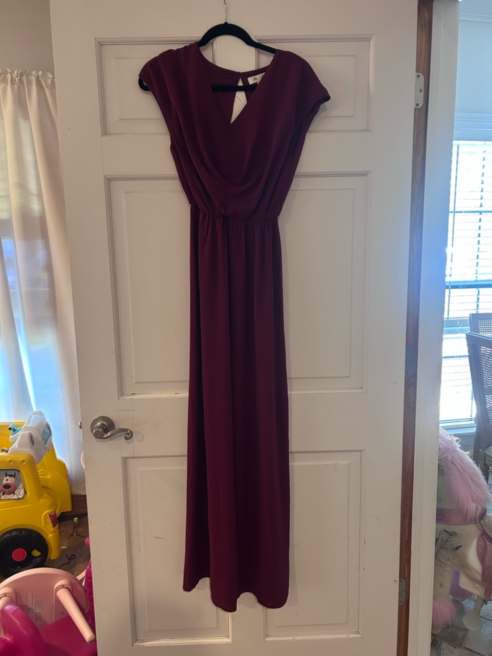 She + Sky Wine-Red Draped Cap-Sleeve Maxi Dress